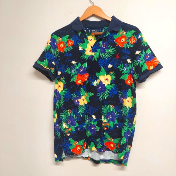 Blue and Green Floral Men's Polo Shirt Vibrant Design - Picture 1 of 3